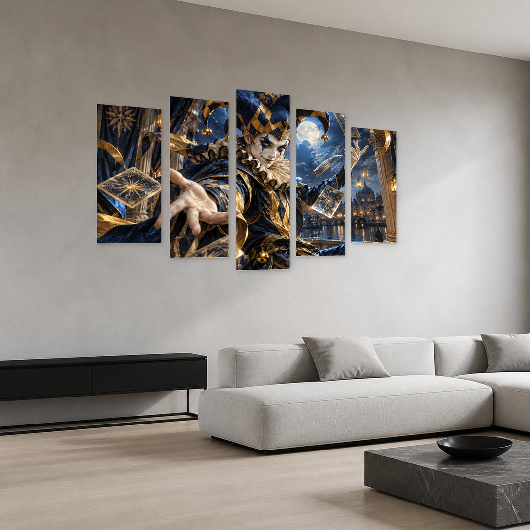 Joker - Golden in Blue and Gold — five-panel wall art in perspective interior | 5wallart 57870 M2