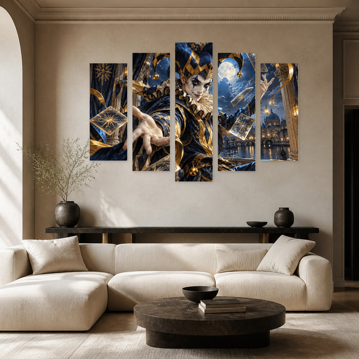 Joker - Golden in Blue and Gold — five-panel wall art in alternate frontal interior | 5wallart 57870 M4