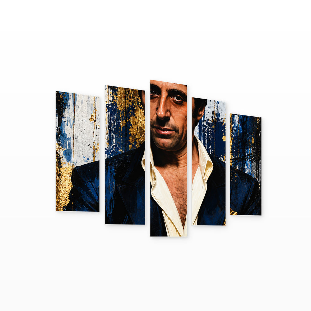 Scarface - Al Pacino in Blue and Gold — five-panel wall art on white background in perspective | 5wallart 57873 M1