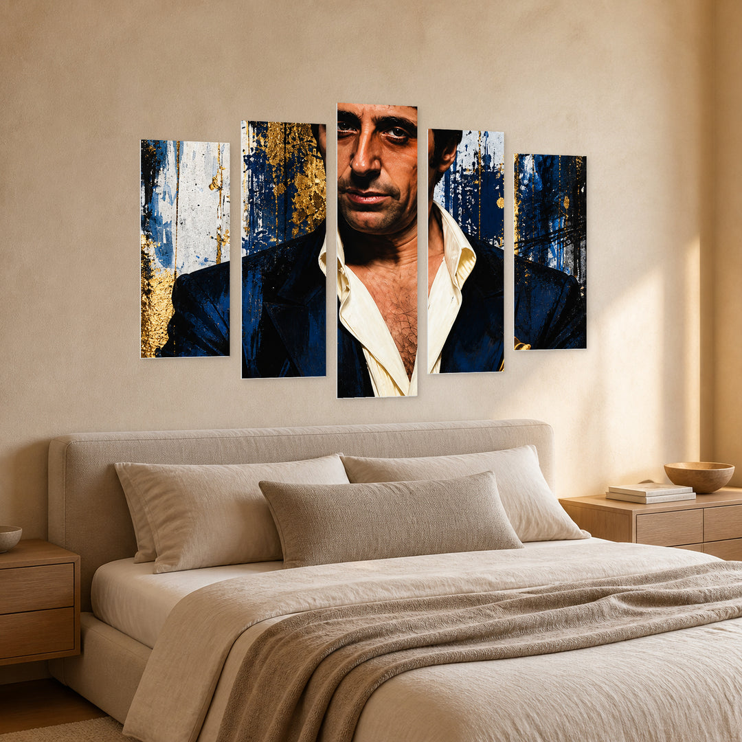 Scarface - Al Pacino in Blue and Gold — five-panel wall art in perspective interior | 5wallart 57873 M2