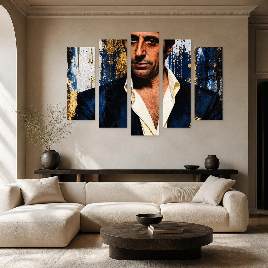 Scarface - Al Pacino in Blue and Gold — five-panel wall art in frontal interior | 5wallart 57873 M3