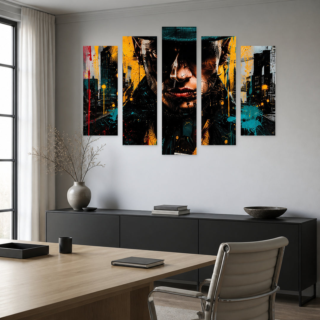 Vintage Gangster Portrait with Geometric Rhythm — five-panel wall art in alternate frontal interior | 5wallart 57875 M4