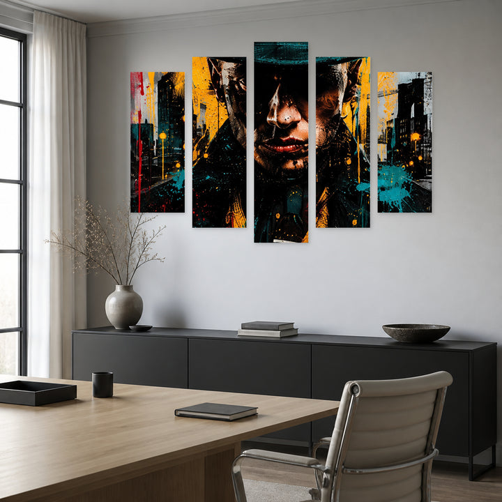 Vintage Gangster Portrait with Geometric Rhythm — five-panel wall art in alternate frontal interior | 5wallart 57875 M4