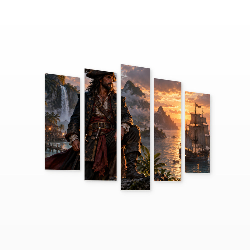 Seafaring Pirate Captain with Dreamlike Atmosphere — five-panel wall art on white background in perspective | 5wallart 57876 M1