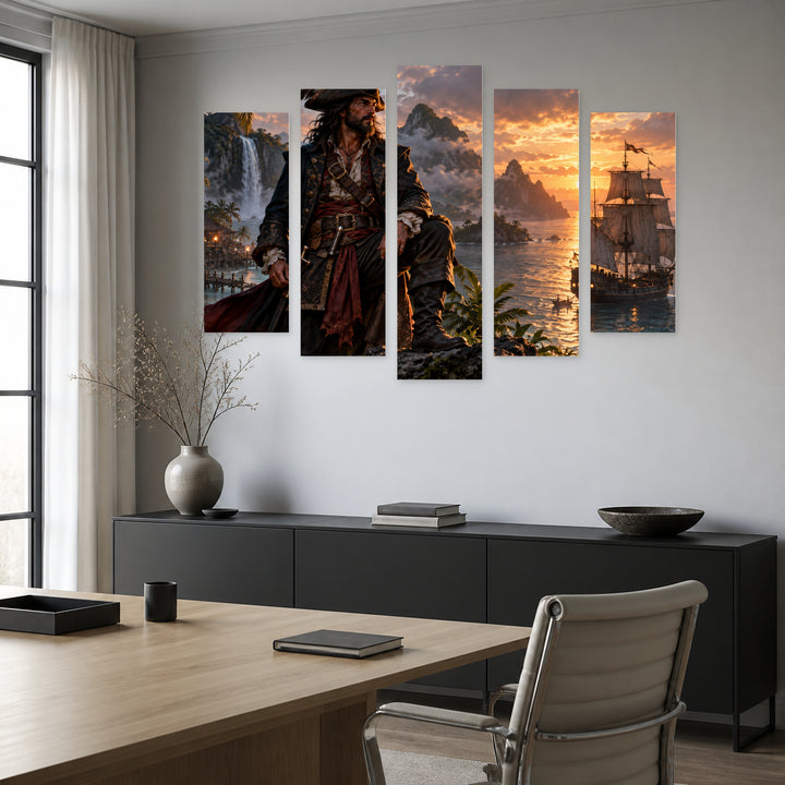 Seafaring Pirate Captain with Dreamlike Atmosphere — five-panel wall art in frontal interior | 5wallart 57876 M3