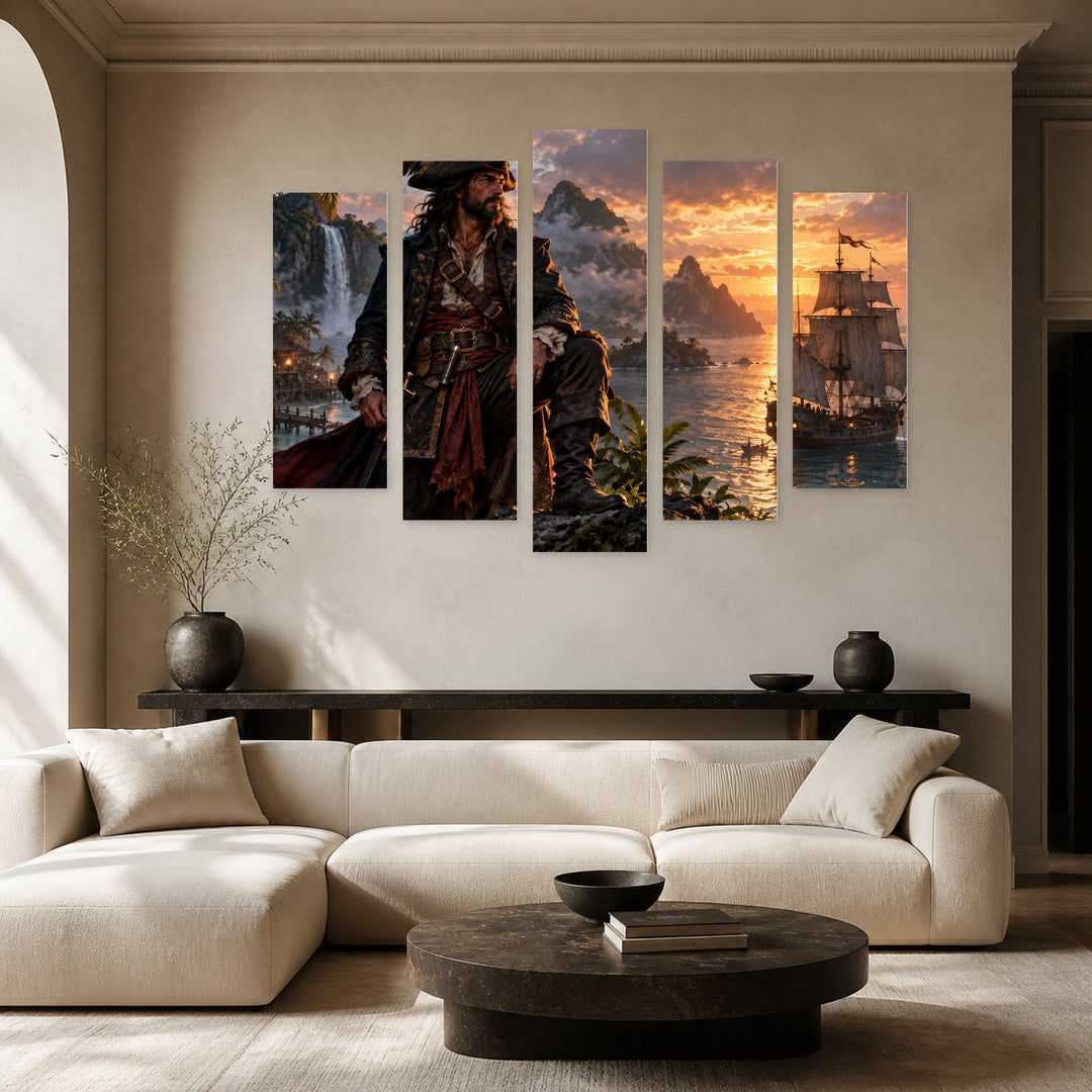 Seafaring Pirate Captain with Dreamlike Atmosphere — five-panel wall art in alternate frontal interior | 5wallart 57876 M4
