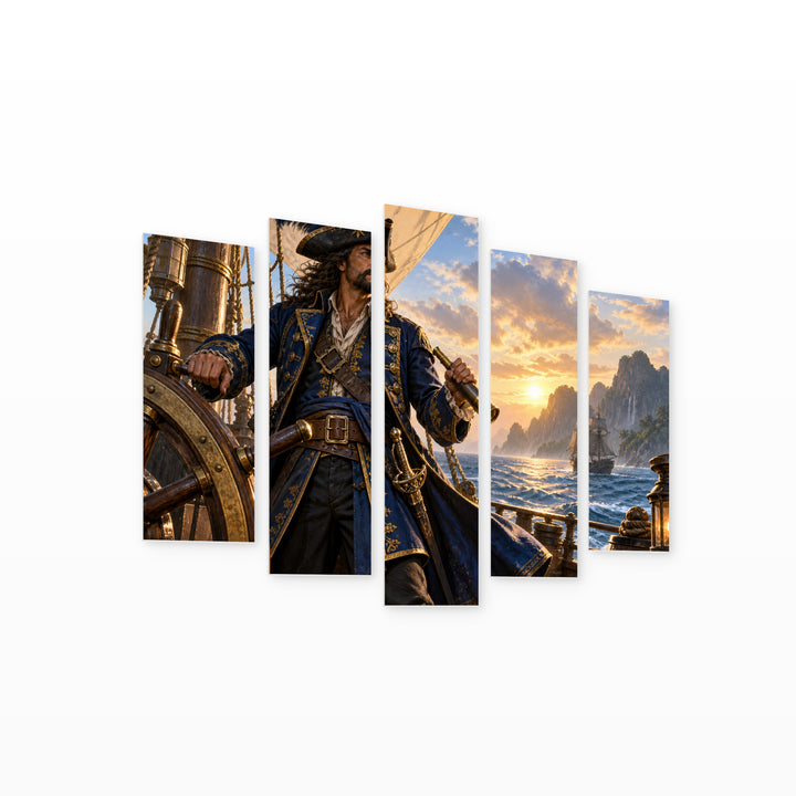 Seafaring Pirate Captain in Blue and Gold — five-panel wall art on white background in perspective | 5wallart 57877 M1