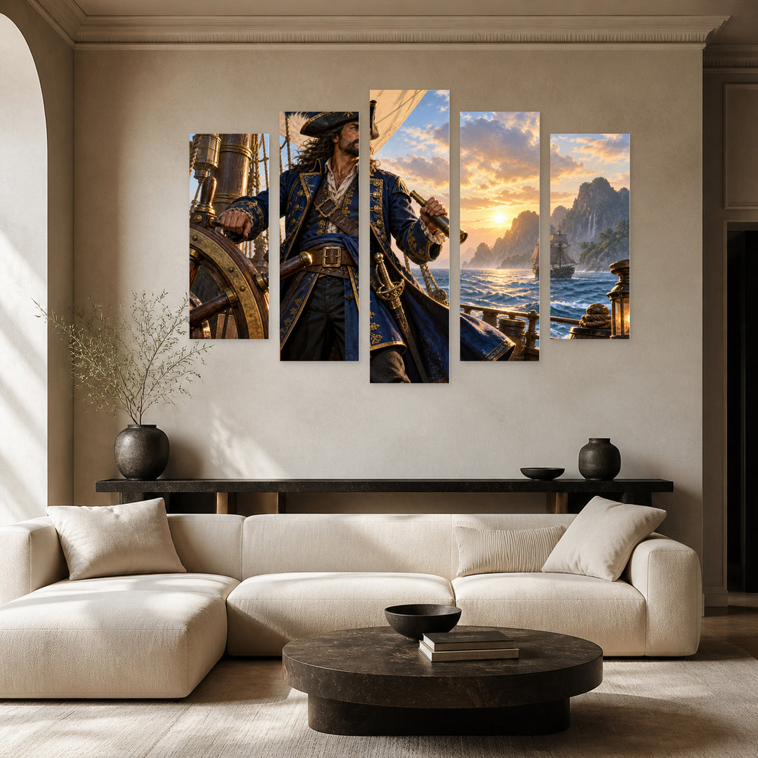 Seafaring Pirate Captain in Blue and Gold — five-panel wall art in frontal interior | 5wallart 57877 M3