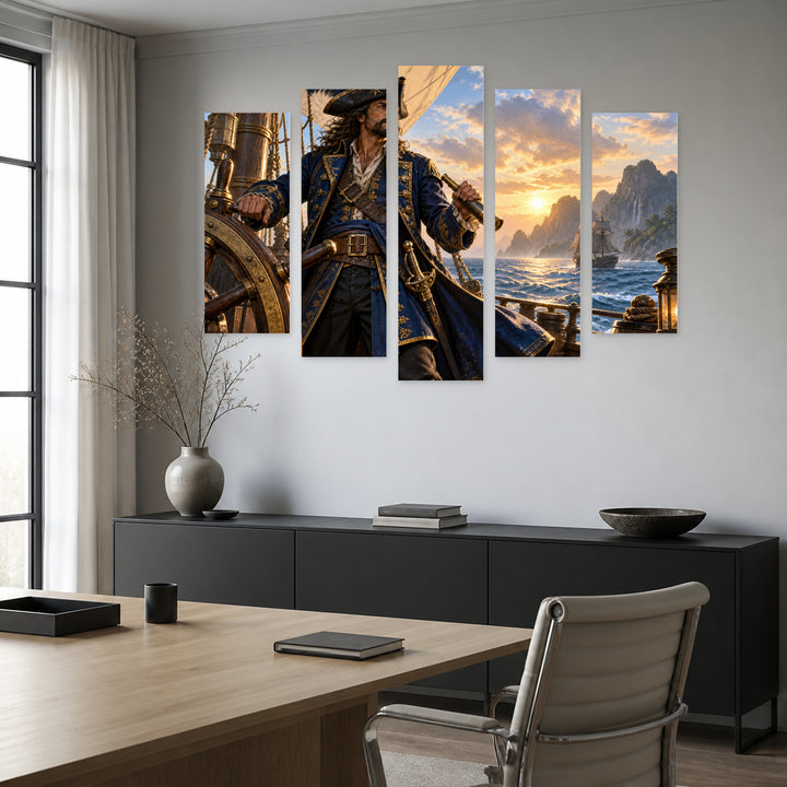 Seafaring Pirate Captain in Blue and Gold — five-panel wall art in alternate frontal interior | 5wallart 57877 M4