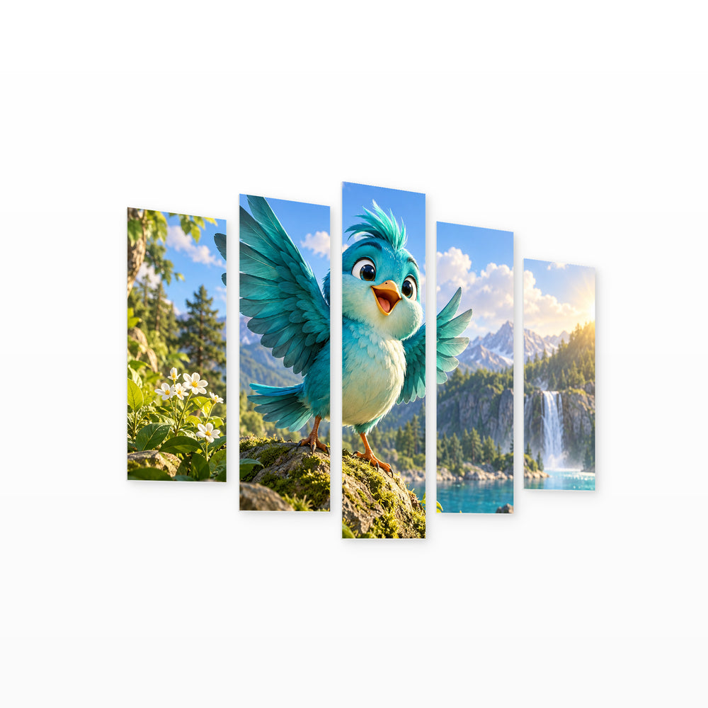 Rich Cheerful Cartoon Duck in Vivid Color — five-panel wall art on white background in perspective | 5wallart 57878 M1