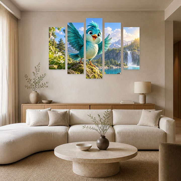 Rich Cheerful Cartoon Duck in Vivid Color — five-panel wall art in alternate frontal interior | 5wallart 57878 M4