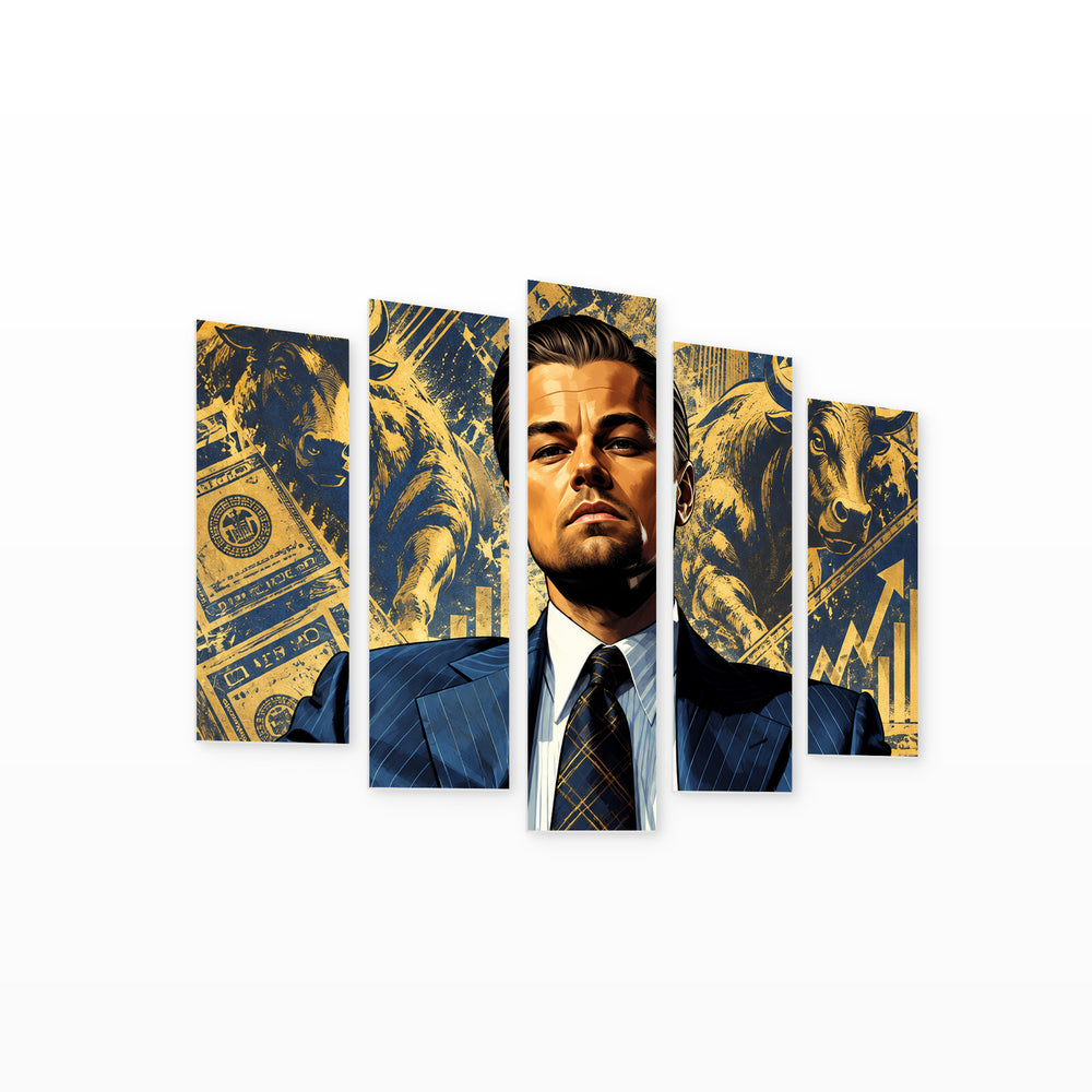 Wolf of Wall Street in Blue and Gold — five-panel wall art on white background in perspective | 5wallart 57883 M1
