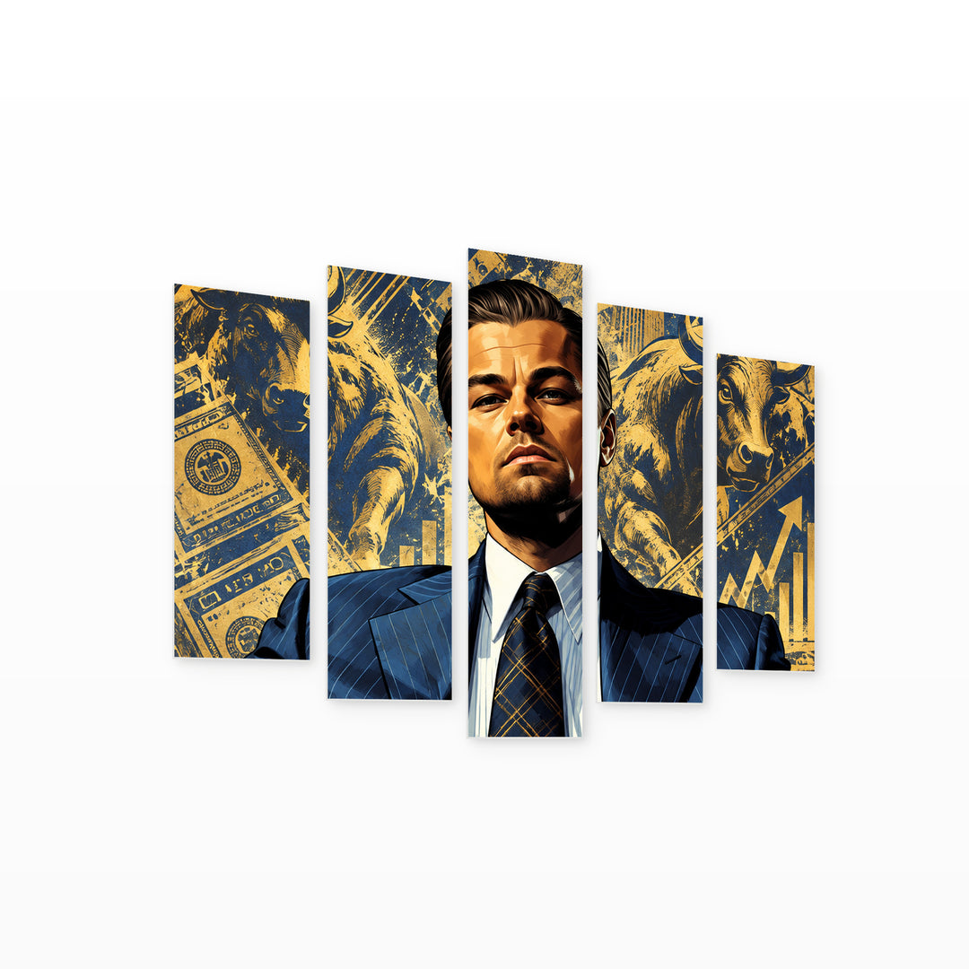 Wolf of Wall Street in Blue and Gold — five-panel wall art on white background in perspective | 5wallart 57883 M1