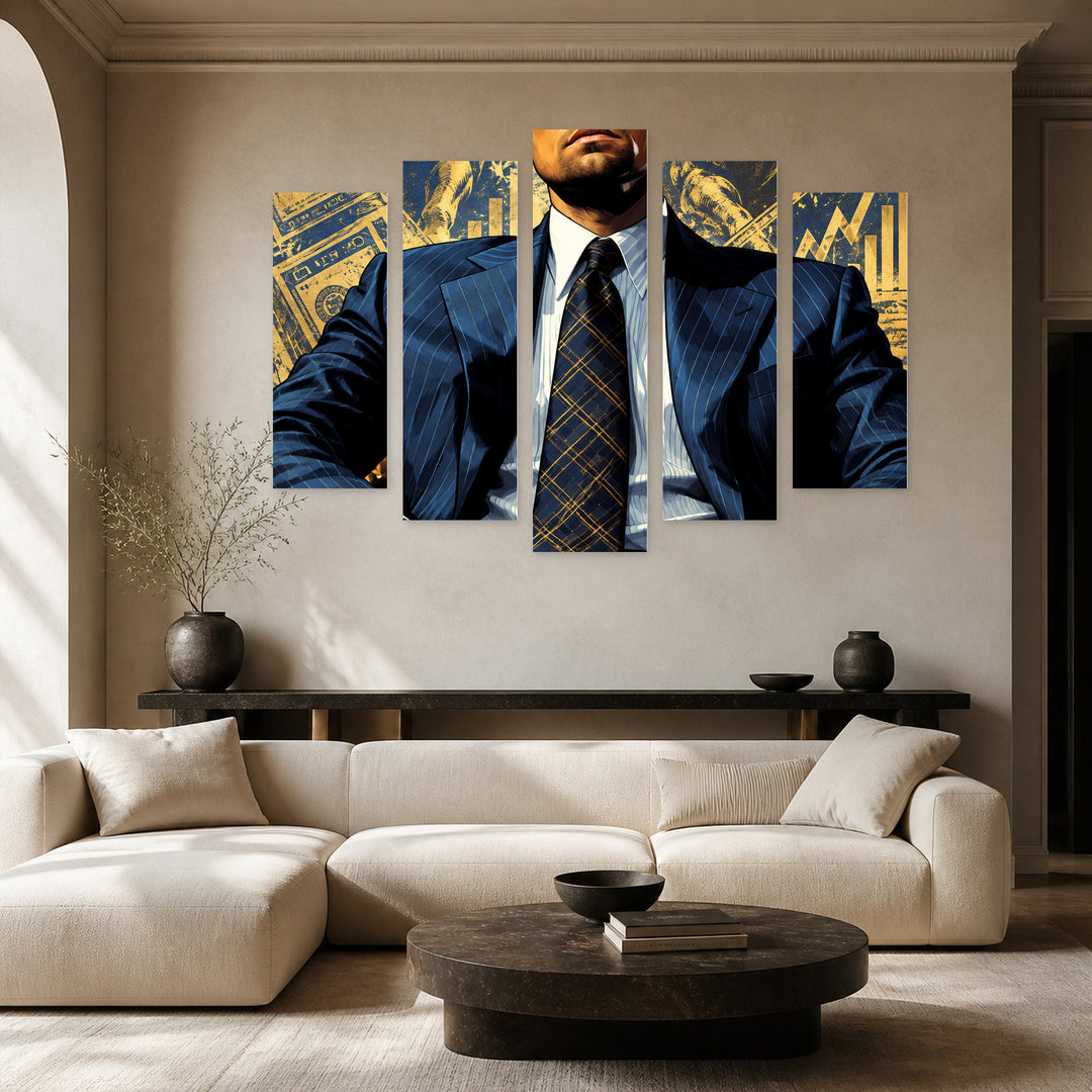Wolf of Wall Street in Blue and Gold — five-panel wall art in frontal interior | 5wallart 57883 M3