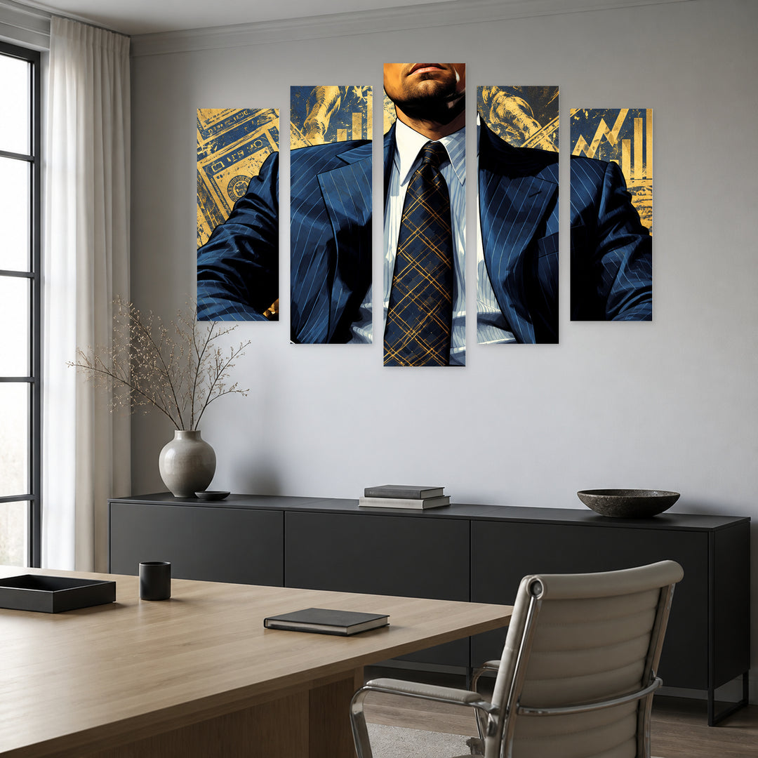 Wolf of Wall Street in Blue and Gold — five-panel wall art in alternate frontal interior | 5wallart 57883 M4