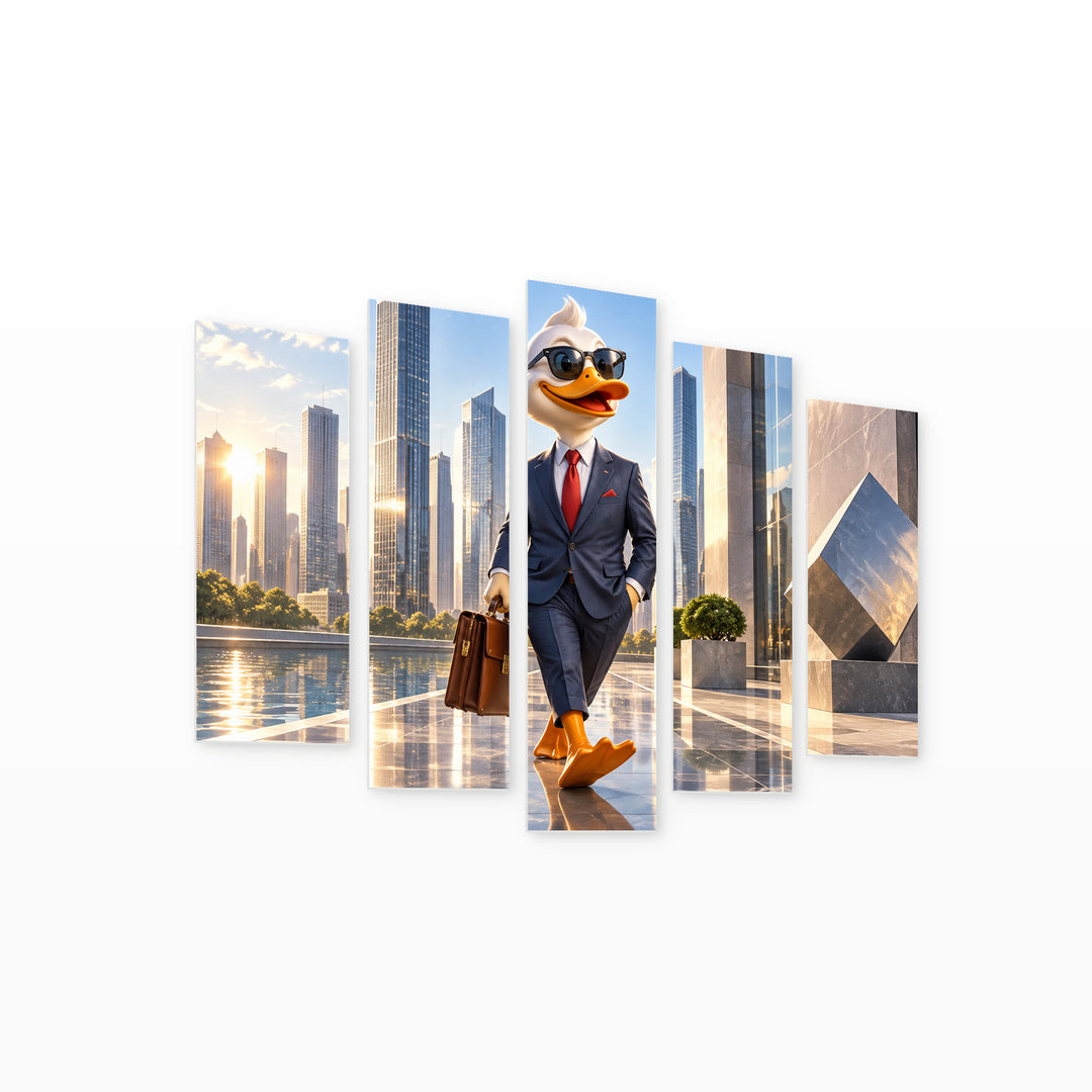 Business Cheerful Cartoon Duck with Geometric Rhythm — five-panel wall art on white background in perspective | 5wallart 57885 M1