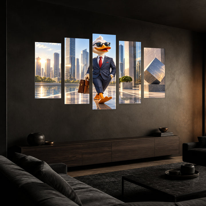 Business Cheerful Cartoon Duck with Geometric Rhythm — five-panel wall art in perspective interior | 5wallart 57885 M2