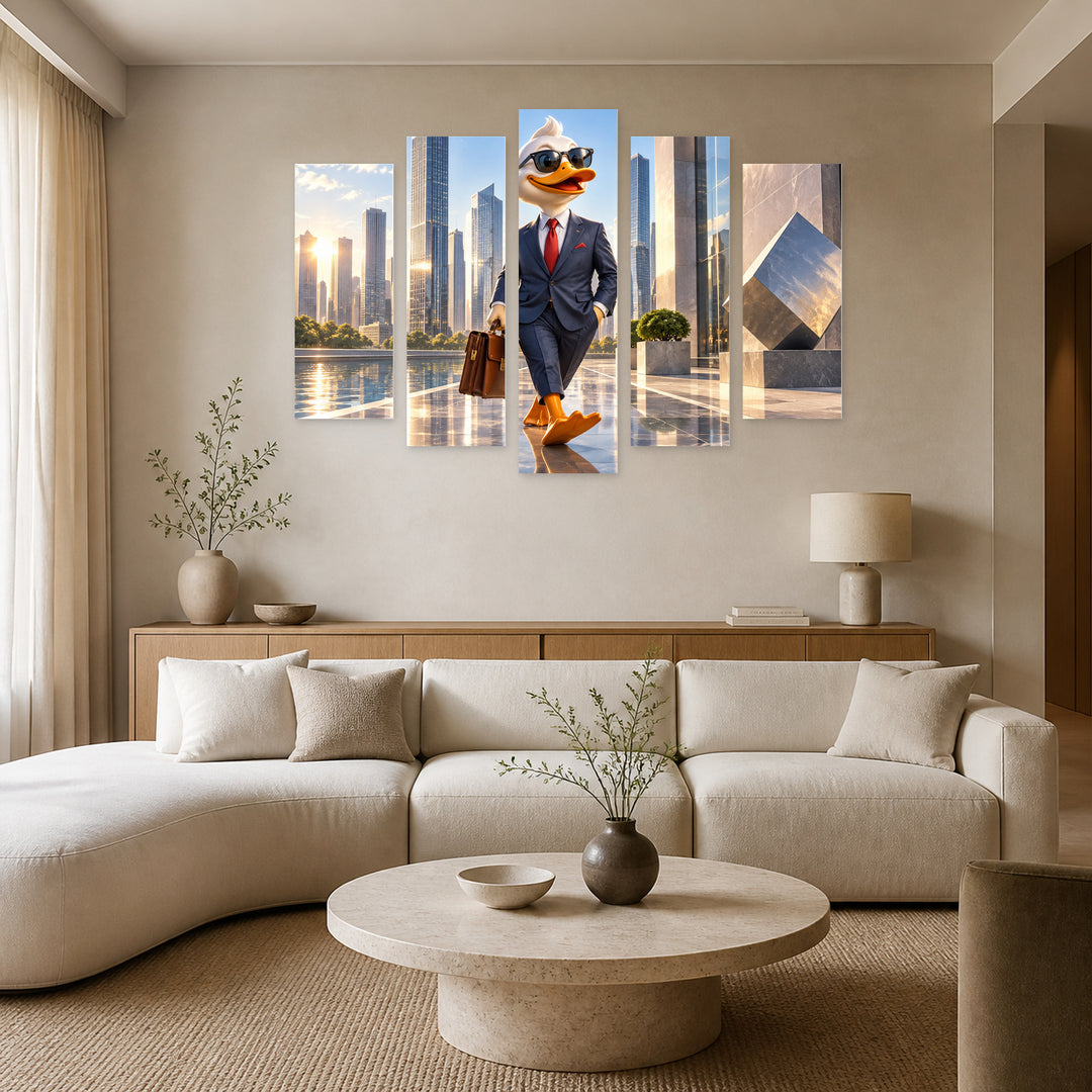 Business Cheerful Cartoon Duck with Geometric Rhythm — five-panel wall art in frontal interior | 5wallart 57885 M3