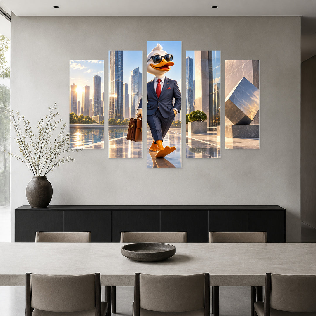 Business Cheerful Cartoon Duck with Geometric Rhythm — five-panel wall art in alternate frontal interior | 5wallart 57885 M4