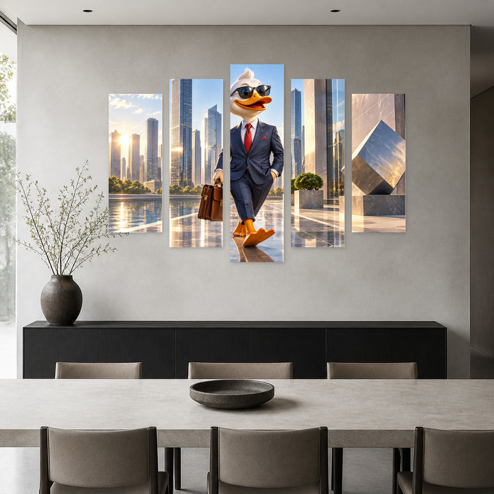 Business Cheerful Cartoon Duck with Geometric Rhythm — five-panel wall art in alternate frontal interior | 5wallart 57885 M4