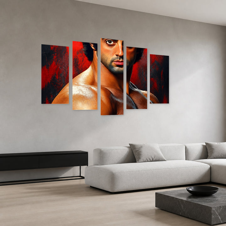 Rocky Balboa with Geometric Rhythm — five-panel wall art in perspective interior | 5wallart 57886 M2