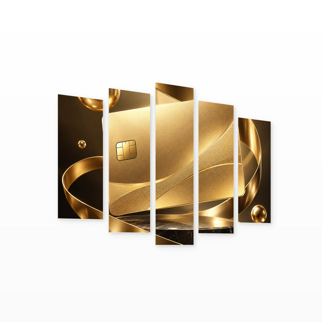 Golden Credit Card in Blue and Gold — five-panel wall art on white background in perspective | 5wallart 57887 M1