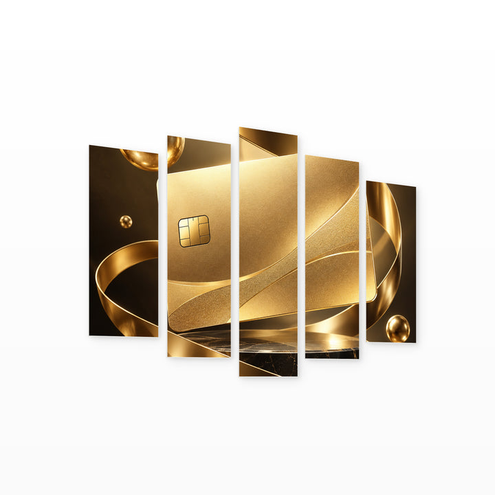 Golden Credit Card in Blue and Gold — five-panel wall art on white background in perspective | 5wallart 57887 M1