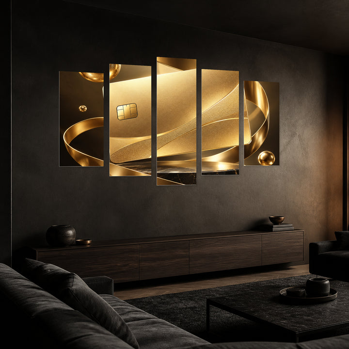 Golden Credit Card in Blue and Gold — five-panel wall art in perspective interior | 5wallart 57887 M2