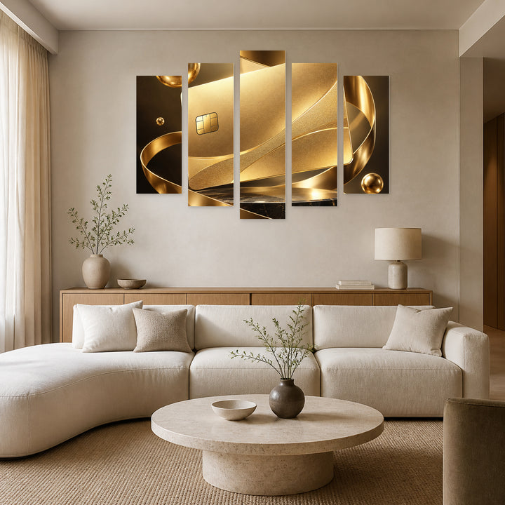 Golden Credit Card in Blue and Gold — five-panel wall art in frontal interior | 5wallart 57887 M3