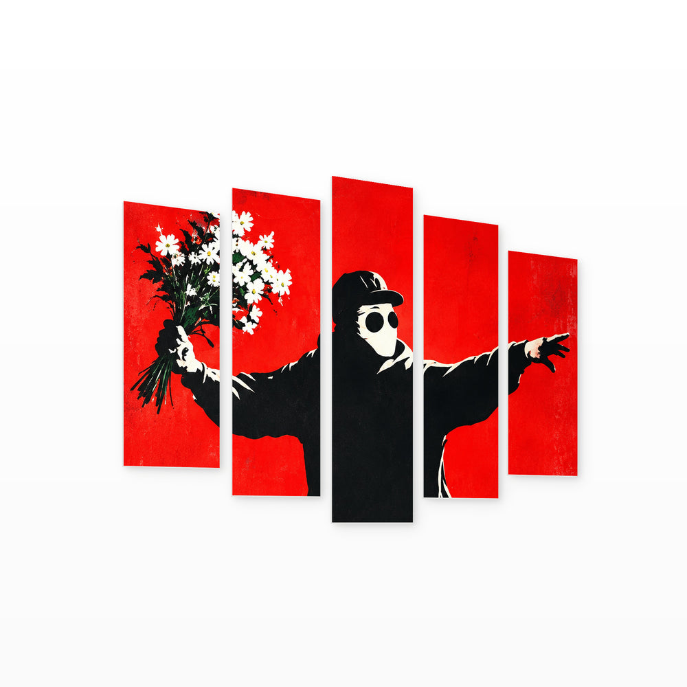 Banksy Throwing Flowers with Geometric Rhythm — five-panel wall art on white background in perspective | 5wallart 57888 M1