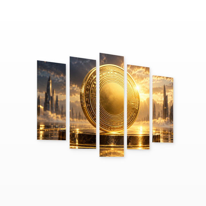 Bitcoin with Geometric Rhythm — five-panel wall art on white background in perspective | 5wallart 57889 M1