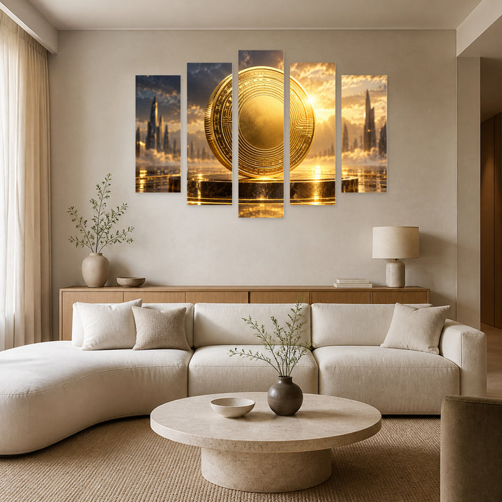 Bitcoin with Geometric Rhythm — five-panel wall art in frontal interior | 5wallart 57889 M3