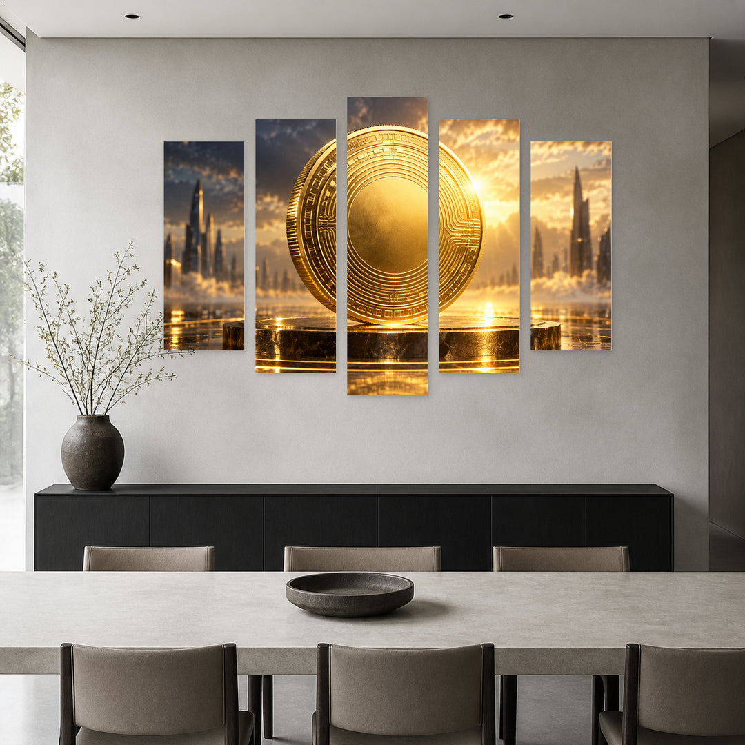 Bitcoin with Geometric Rhythm — five-panel wall art in alternate frontal interior | 5wallart 57889 M4