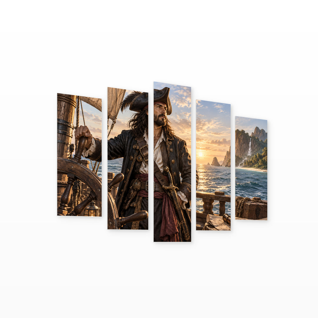 Seafaring Pirate Captain in Serene Light — five-panel wall art on white background in perspective | 5wallart 57890 M1