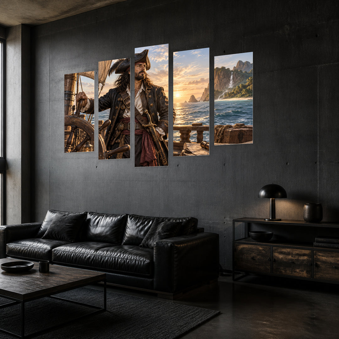 Seafaring Pirate Captain in Serene Light — five-panel wall art in perspective interior | 5wallart 57890 M2