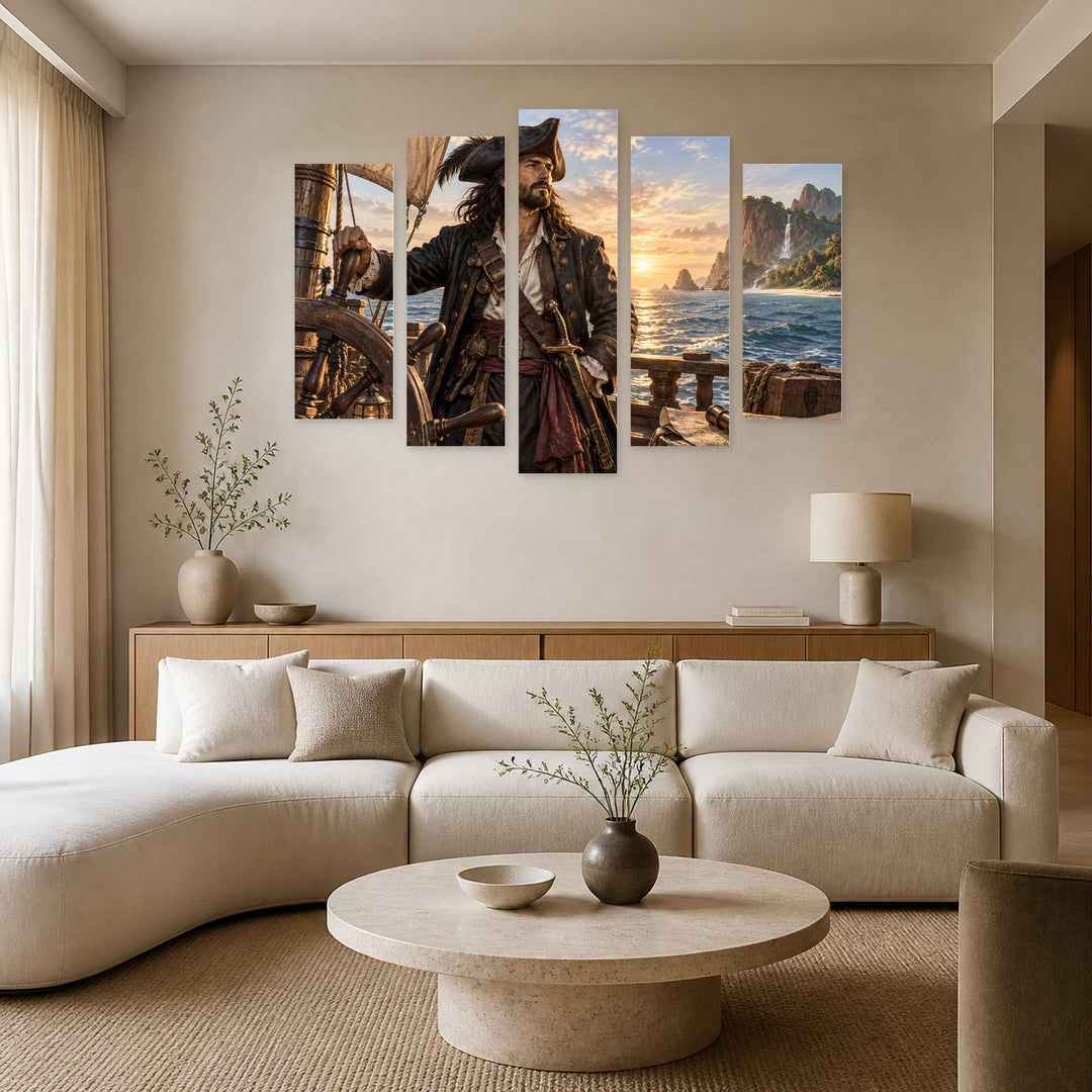 Seafaring Pirate Captain in Serene Light — five-panel wall art in alternate frontal interior | 5wallart 57890 M4