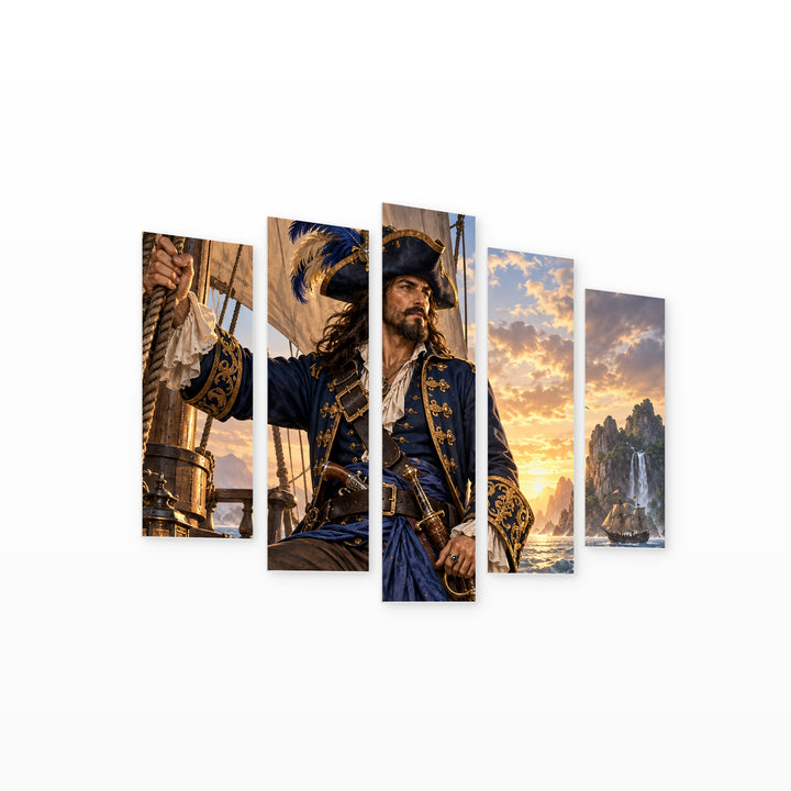 Seafaring Pirate Captain in Blue and Gold II — five-panel wall art on white background in perspective | 5wallart 57891 M1