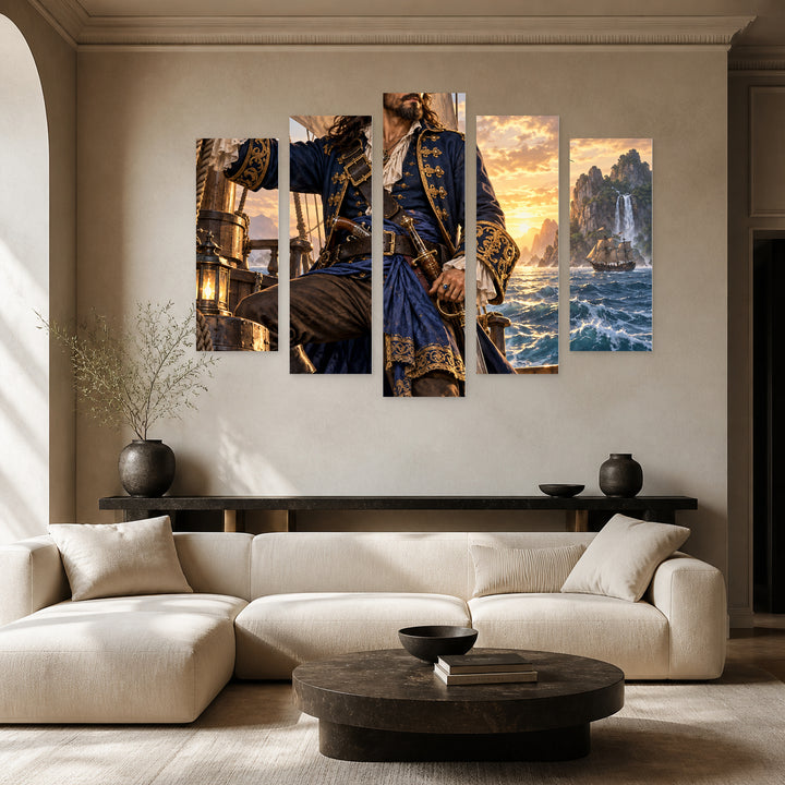 Seafaring Pirate Captain in Blue and Gold II — five-panel wall art in frontal interior | 5wallart 57891 M3