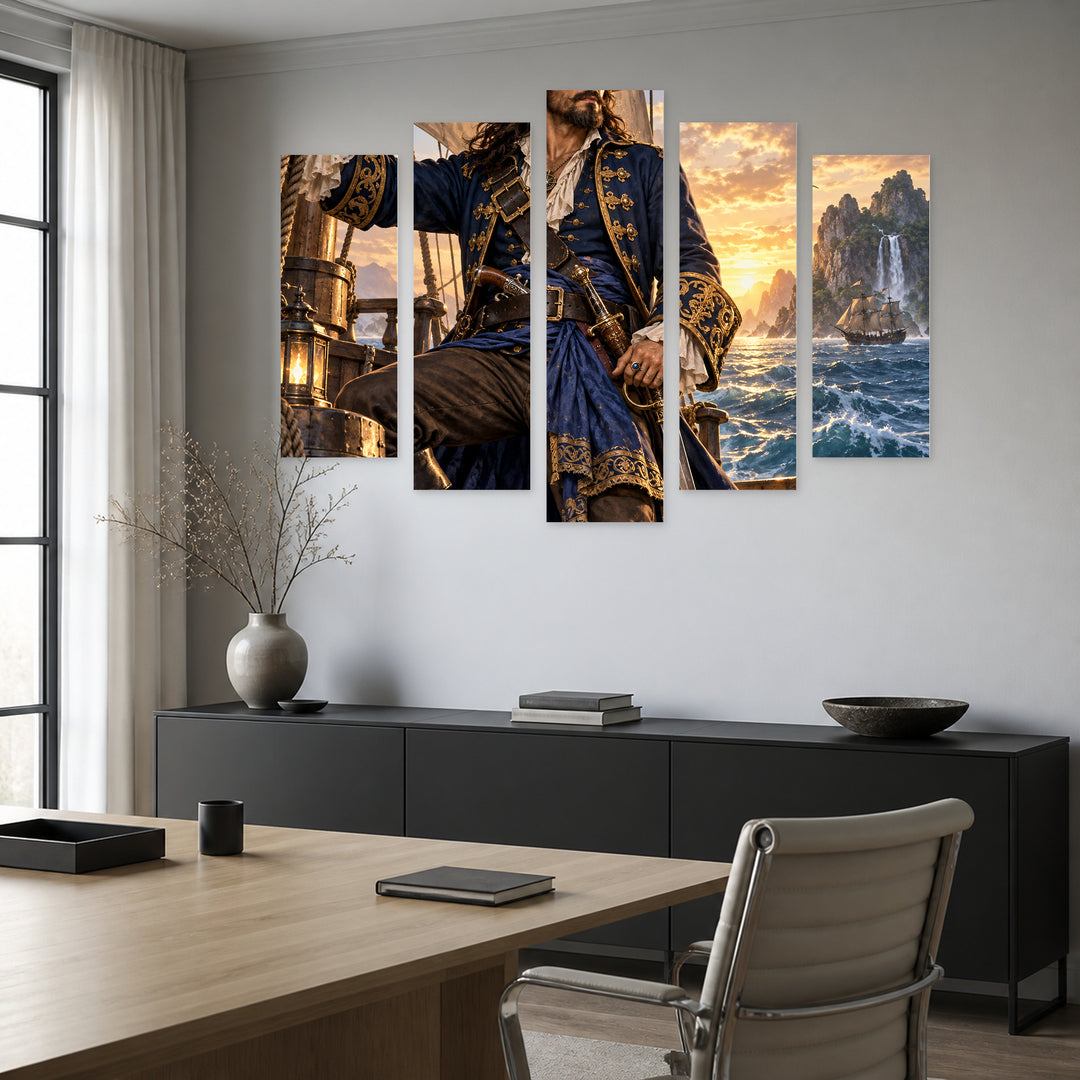 Seafaring Pirate Captain in Blue and Gold II — five-panel wall art in alternate frontal interior | 5wallart 57891 M4