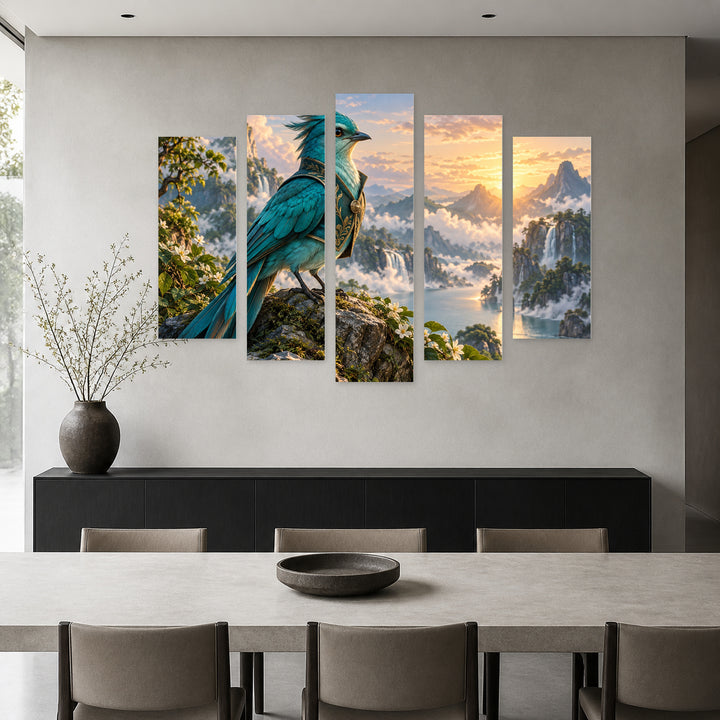 Classy Cheerful Cartoon Duck with Dreamlike Atmosphere — five-panel wall art in alternate frontal interior | 5wallart 57893 M4