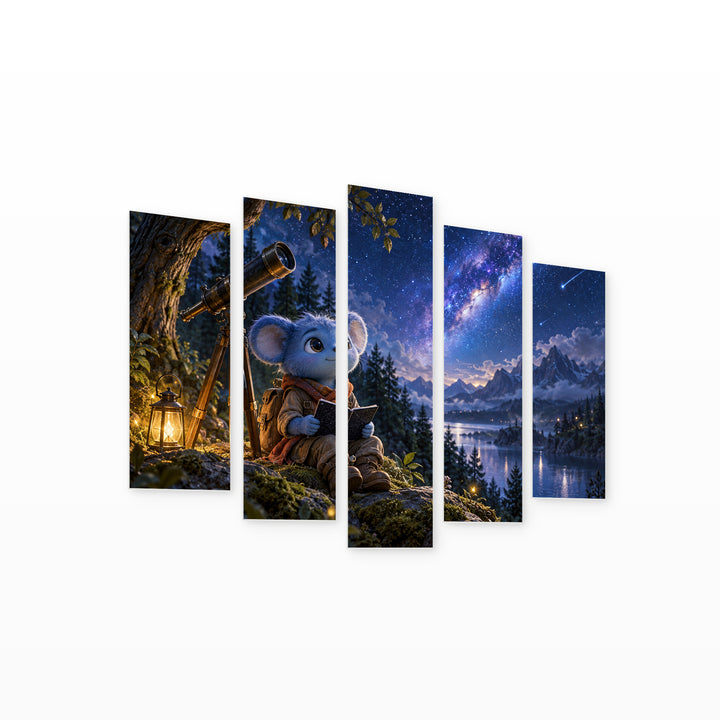 Baby Yoda with Geometric Rhythm — five-panel wall art on white background in perspective | 5wallart 57894 M1