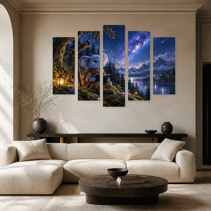 Baby Yoda with Geometric Rhythm — five-panel wall art in alternate frontal interior | 5wallart 57894 M4