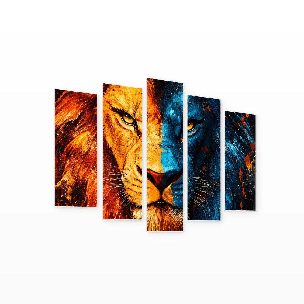 Lion Digital Poster in Blue and Gold — five-panel wall art on white background in perspective | 5wallart 57899 M1