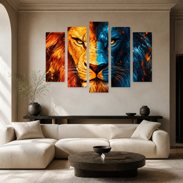 Lion Digital Poster in Blue and Gold — five-panel wall art in frontal interior | 5wallart 57899 M3