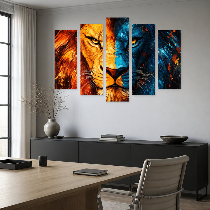 Lion Digital Poster in Blue and Gold — five-panel wall art in alternate frontal interior | 5wallart 57899 M4