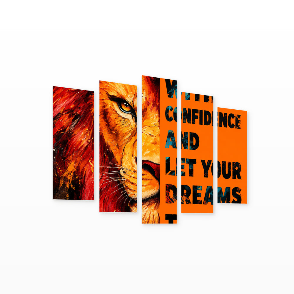 Lion Motivational Poster in Vivid Color — five-panel wall art on white background in perspective | 5wallart 57900 M1