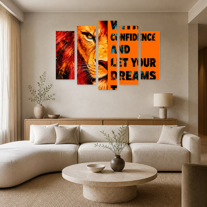 Lion Motivational Poster in Vivid Color — five-panel wall art in alternate frontal interior | 5wallart 57900 M4