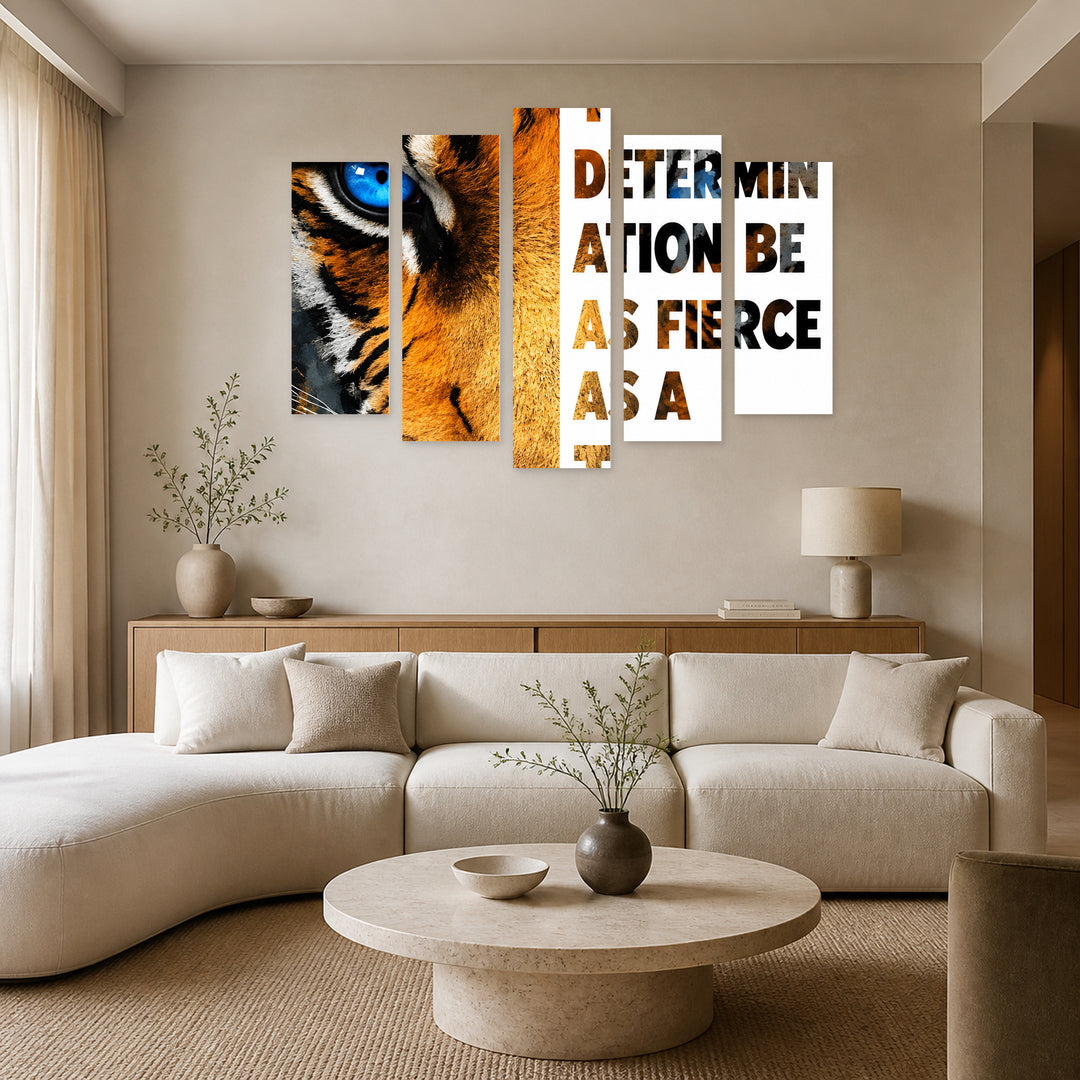 Tiger Motivational Poster with Geometric Rhythm — five-panel wall art in frontal interior | 5wallart 57901 M3