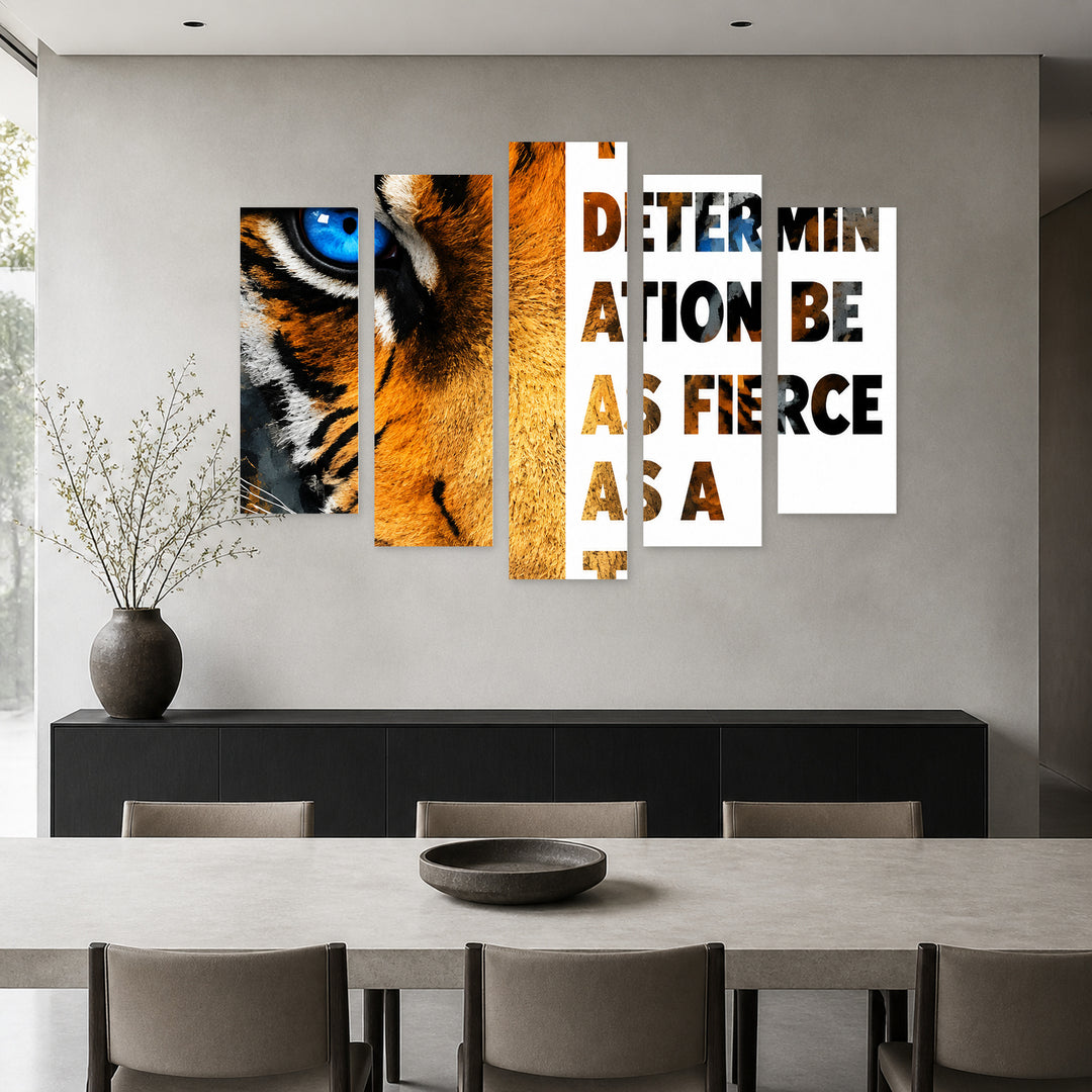 Tiger Motivational Poster with Geometric Rhythm — five-panel wall art in alternate frontal interior | 5wallart 57901 M4