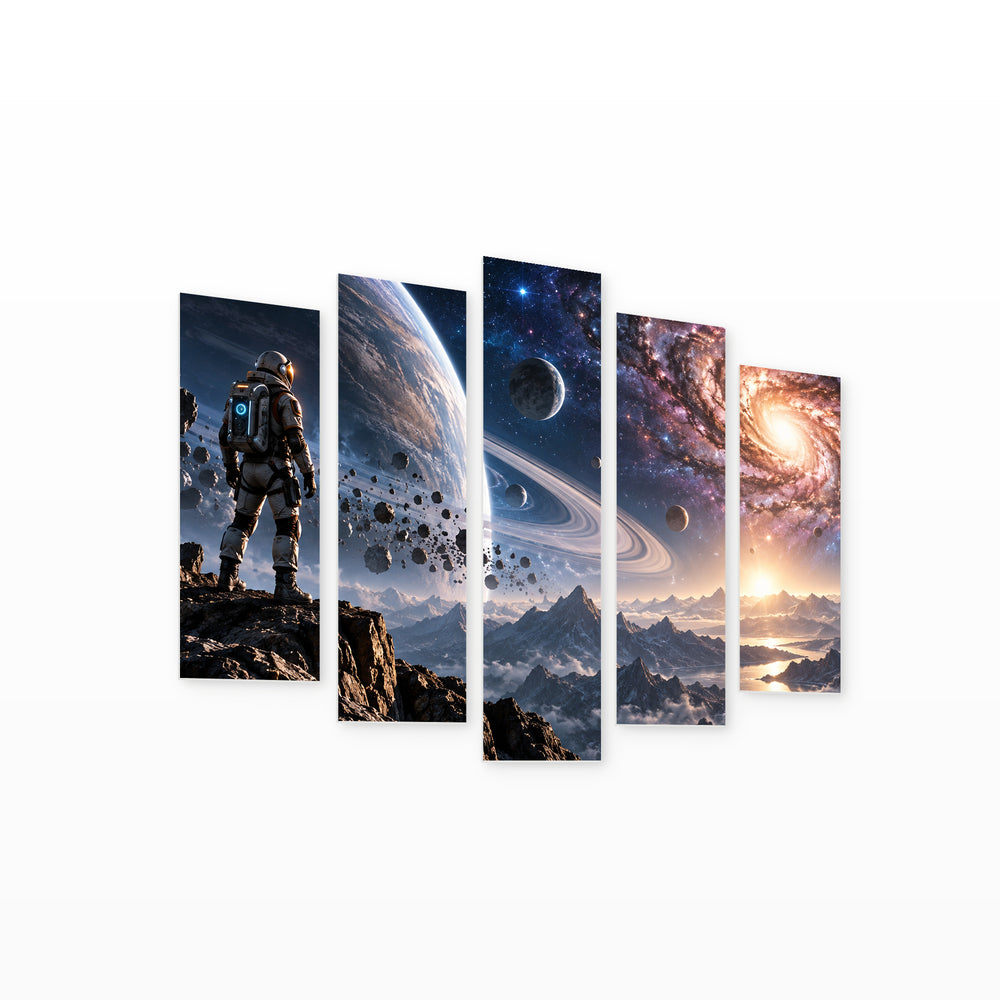 Galactic Space Adventure with Geometric Rhythm — five-panel wall art on white background in perspective | 5wallart 57902 M1